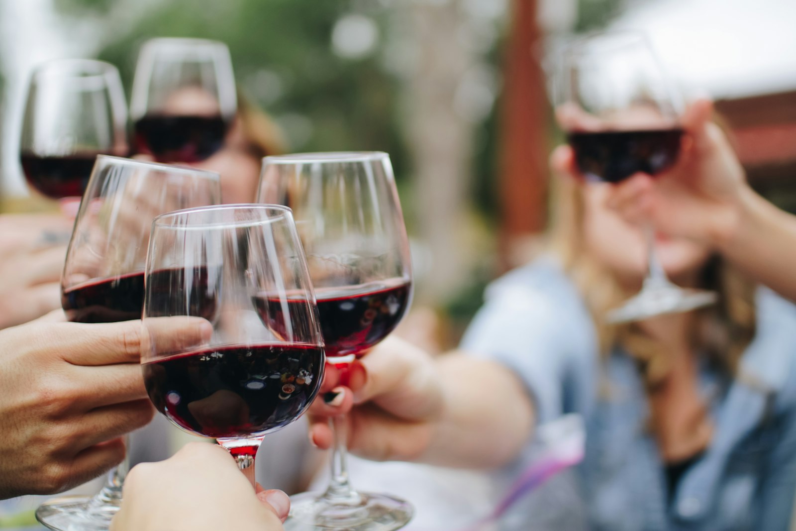 Friends raising glasses of red wine in a toast